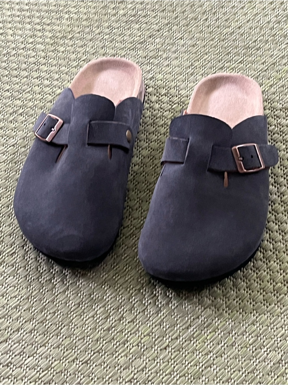 Suede Slip-On Clogs in Dark Blue with Buckle